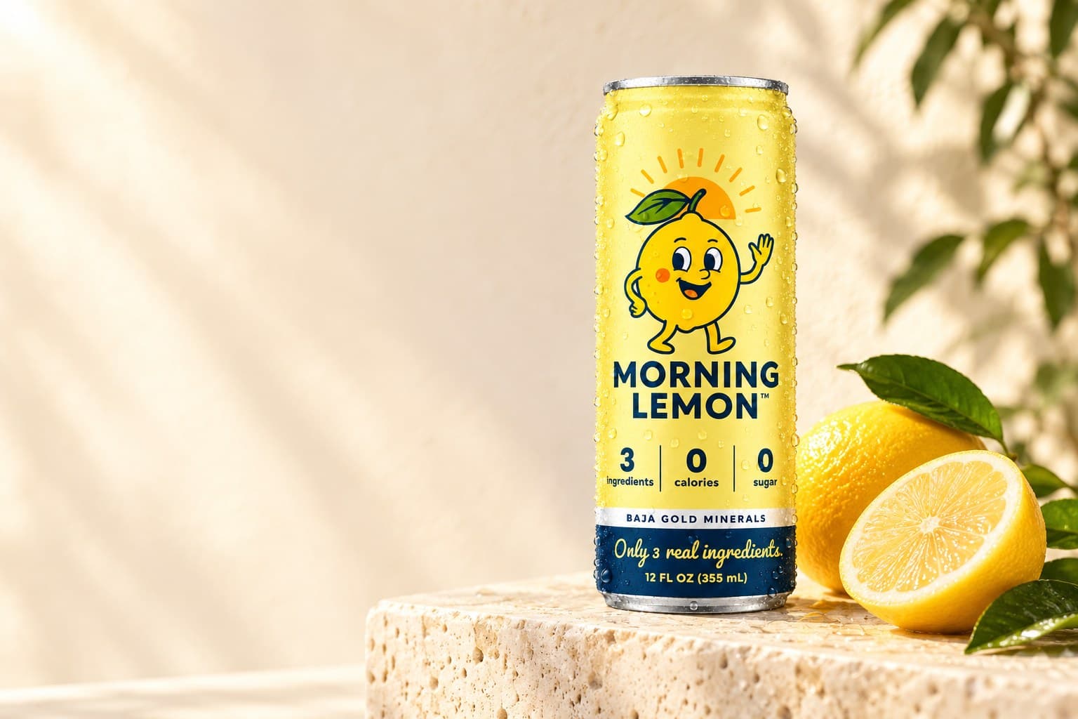 A chilled can of Morning Lemon on a sunlit stone ledge beside a whole and halved lemon