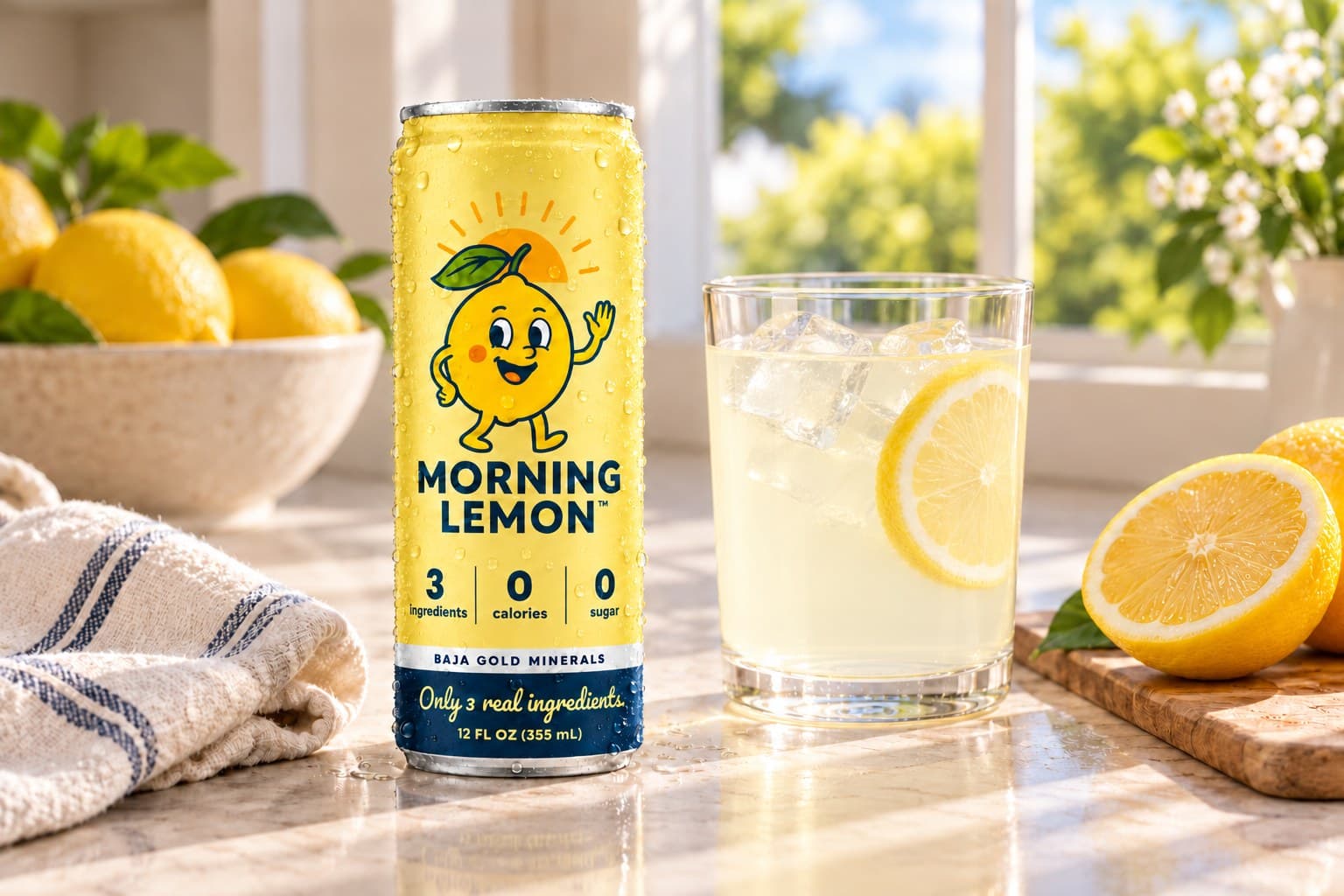 A chilled can of Morning Lemon beside a glass of lemon water over ice on a sunny kitchen counter
