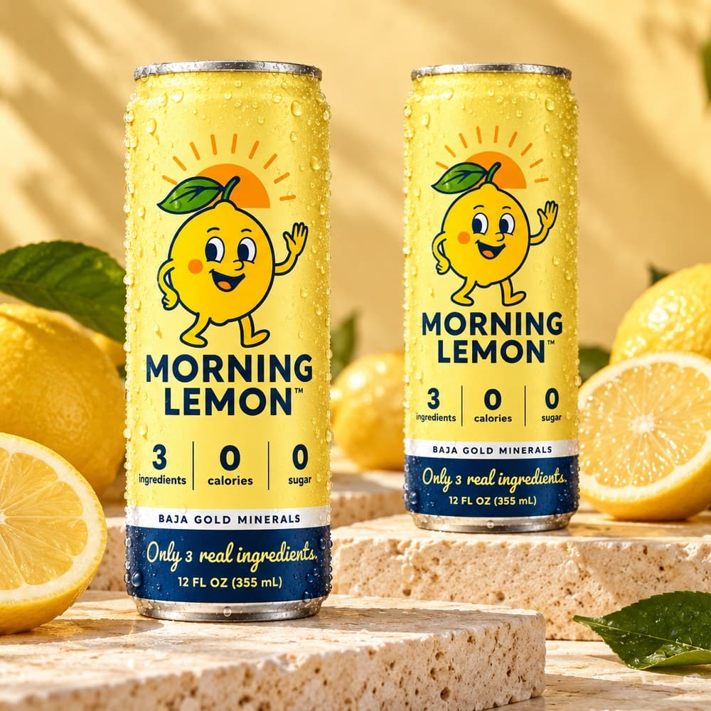 Two chilled cans of Morning Lemon on a sunlit stone ledge beside fresh lemons